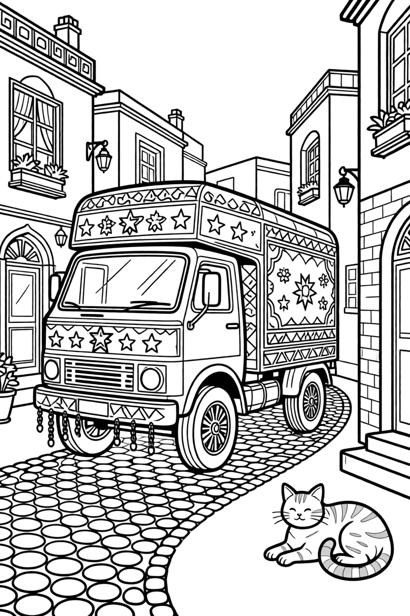 A coloring page from Pakistan showing a truck painted with dazzling colorful patterns and dangling chains, surrounded by neighboring buildings, a cobblestone path, and a friendly cat resting on a step.