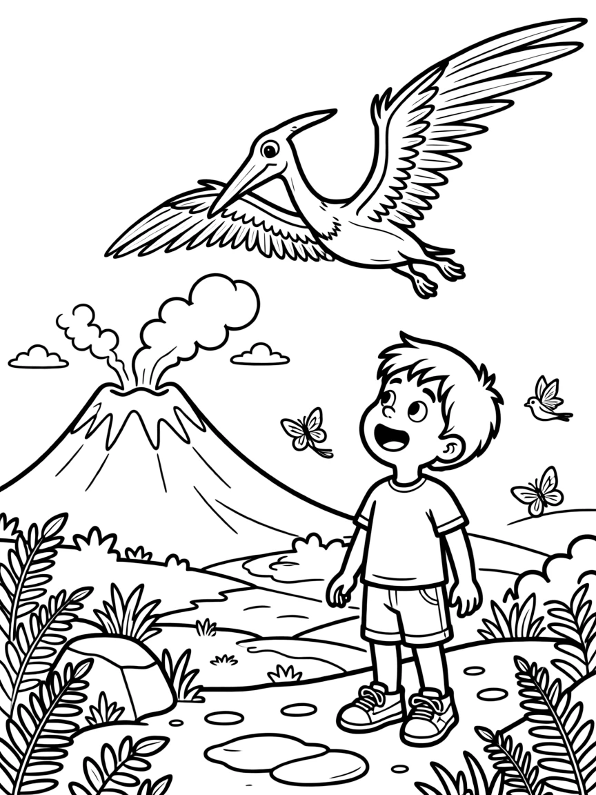 a wide-eyed young boy watches a pterodactyl soar overhead near a smoking volcano.