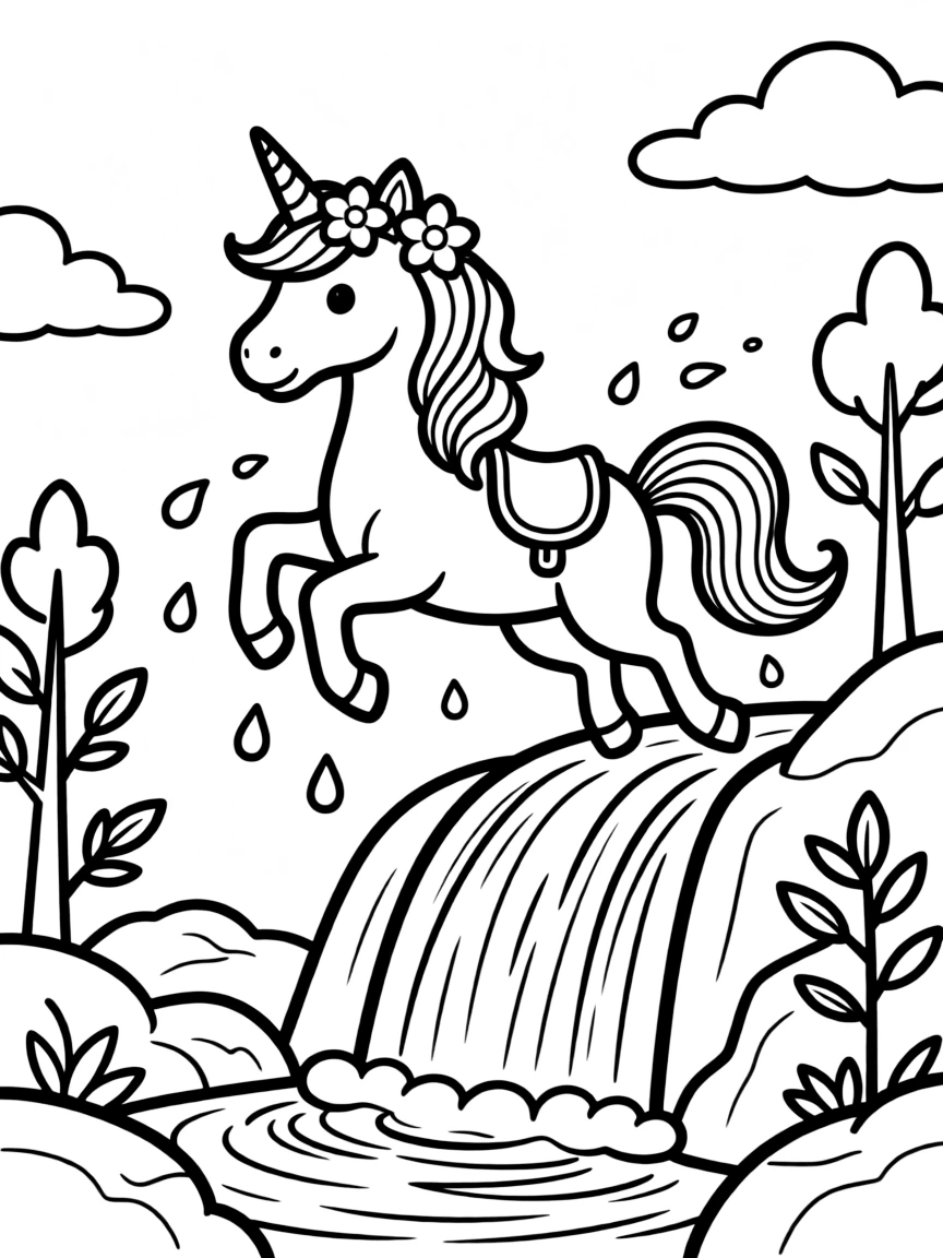 A unicorn with a rainbow mane leaps over a waterfall, droplets catching the light like scattered diamonds.