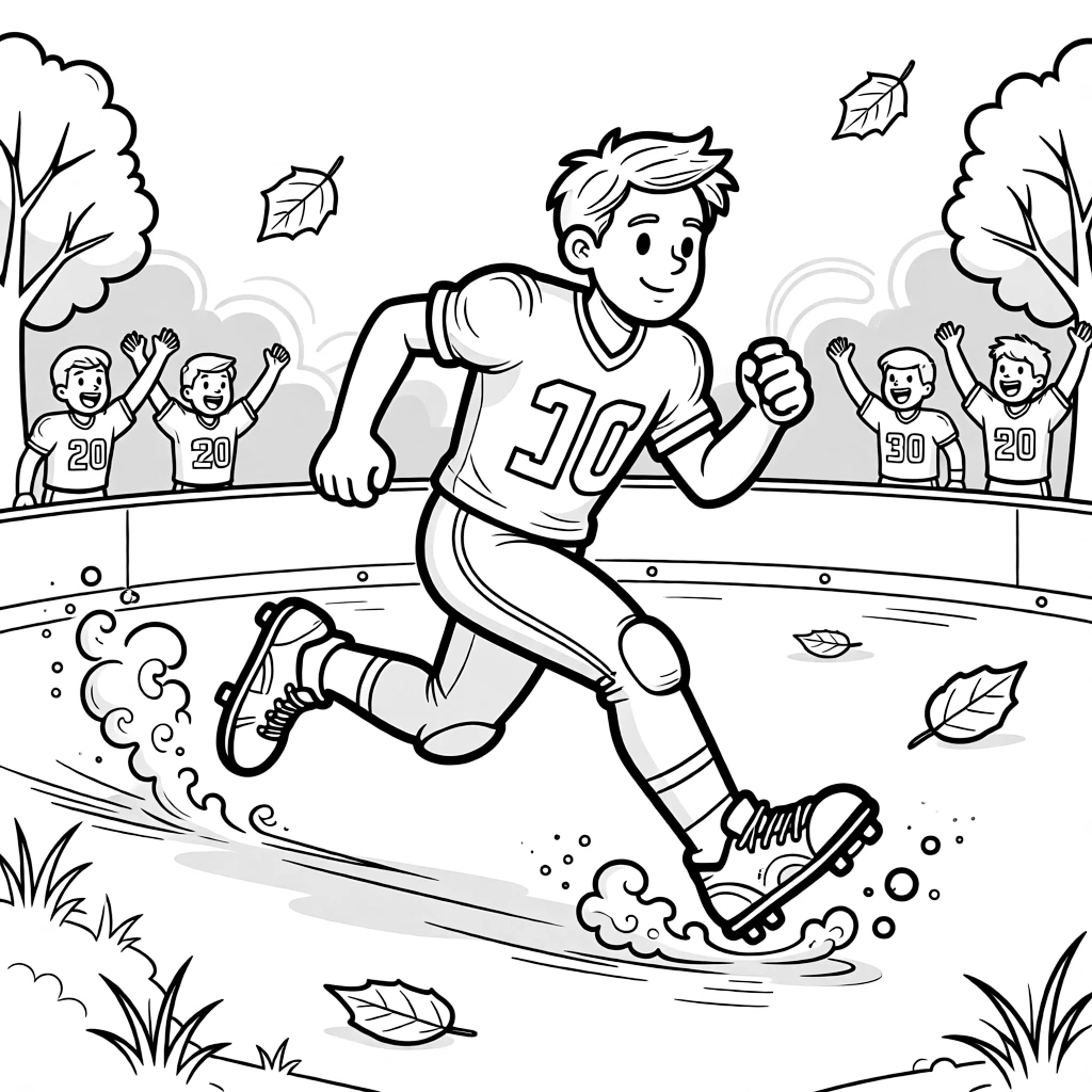 [Sports] A dynamic scene shows a football running back sprinting down the field on an ice rink, looking determined and brave. Close by, teammates cheer from the sidelines. Sneakers kick up small clouds of dust. The moment unfolds on a foggy morning, with autumn leaves swirling in the wind, filled with energetic detail perfect for a young colorist.