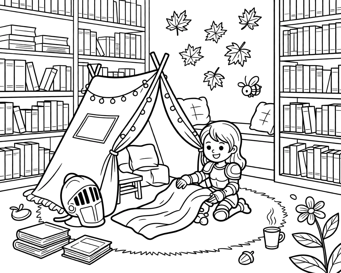 A girl knight in shining armor is building a blanket fort strung with fairy lights in a quiet library reading nook. In the background, swirling autumn leaves in every color and a curious bumblebee buzzing among the blooms bring the scene to life.