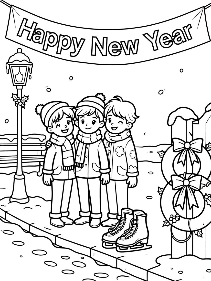 A group of three friends admiring a banner reading 'Happy New Year' on a quiet street lined with snow-capped lampposts, near a pair of ice skates and a wreath tied with a red ribbon.