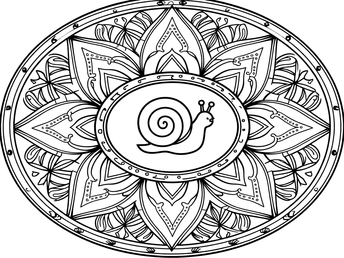 Insects & Bugs: The main subject is a snail with a tightly spiraled shell, drawn as the focal point of an oval medallion mandala framed by a double border. It is set at the core of the page, with the pattern unfolding outward in eight matching symmetrical segments. Decorative details fill the surrounding space, including a trail of evenly spaced dots, flame-shaped tips curling upward, and nested triangle shapes woven throughout the background. A playful extra touch completes the page: a cluster of small seashells scattered along the bottom border.