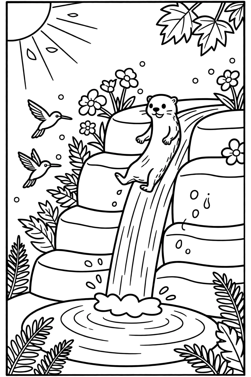 [Waterfalls] A curious otter slides down a smooth rock beside a cascading waterfall into the pool below. Hummingbirds dart between blossoms growing on the rocks beside the tumbling water. The waterfall tumbles over layered rocky ledges into a clear turquoise pool ringed with ferns. Late afternoon sun filters through the leaves, glinting off every droplet of spray.
