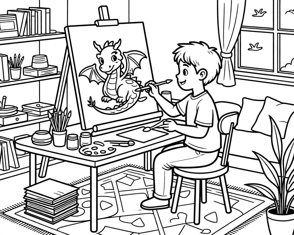 A children's book illustrator paints a dragon picture at a cozy art desk.