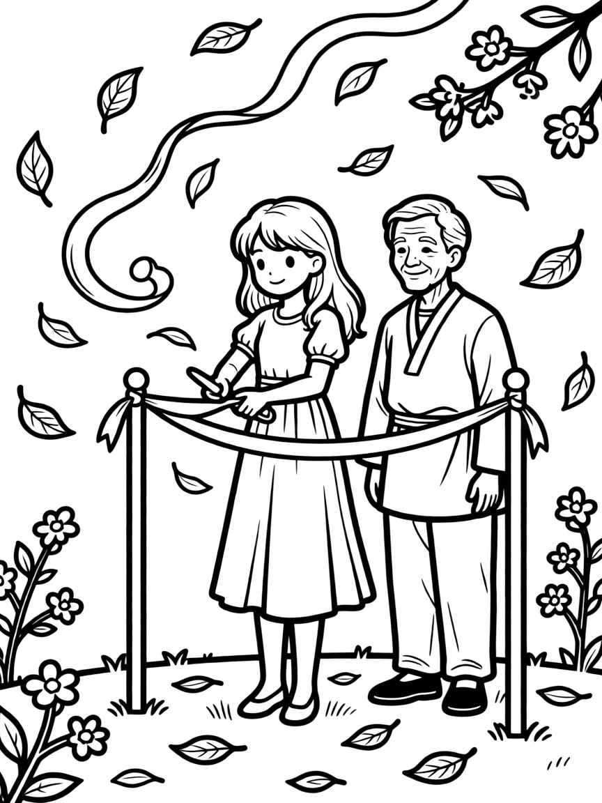 A tall girl cutting a ribbon at a celebration during a Lunar New Year celebration with a grandfather as fallen leaves swirl in the breeze.