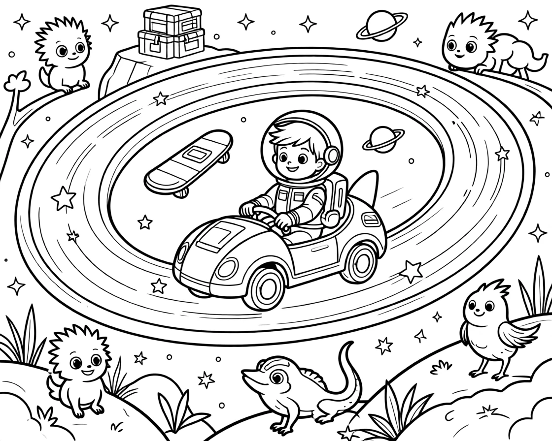 In a space zoo housing gentle creatures from across the galaxy, pilot Kepler zooming along on a star-buggy chasing a runaway hoverboard down a spiral skyway, while a stack of colorful supply crates adds to the excitement.