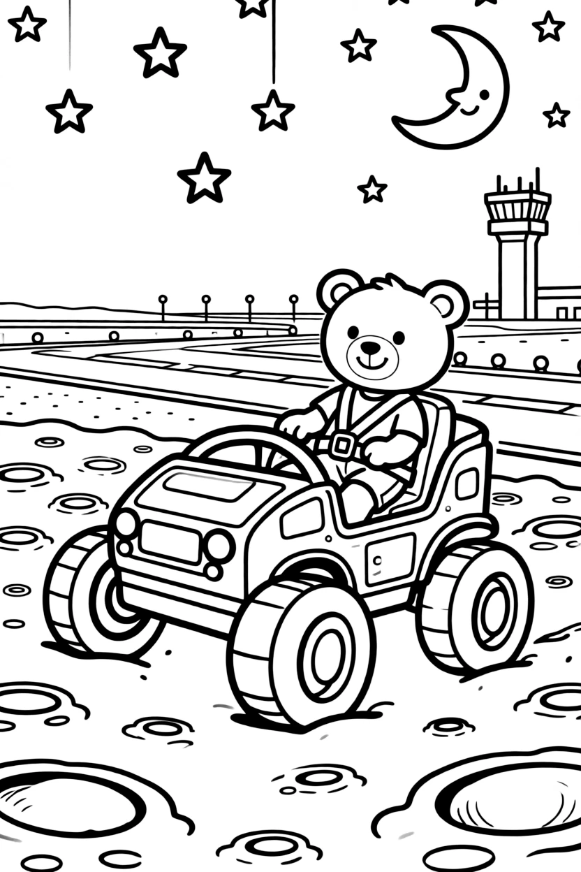 A bouncy lunar rover crossing a field of craters is shown journeying through a busy airport runway with a control tower in the distance, with a teddy bear buckled safely into the passenger seat close by and twinkling stars and a smiling crescent moon above completing the lively scene.