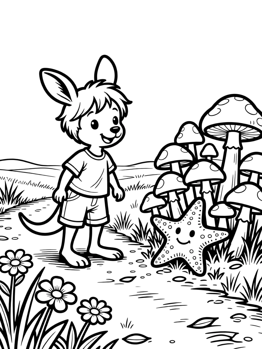 A kangaroo joey along a dusty savanna trail, playing hide and seek among the flowers with a starfish, next to a cluster of colorful mushrooms.