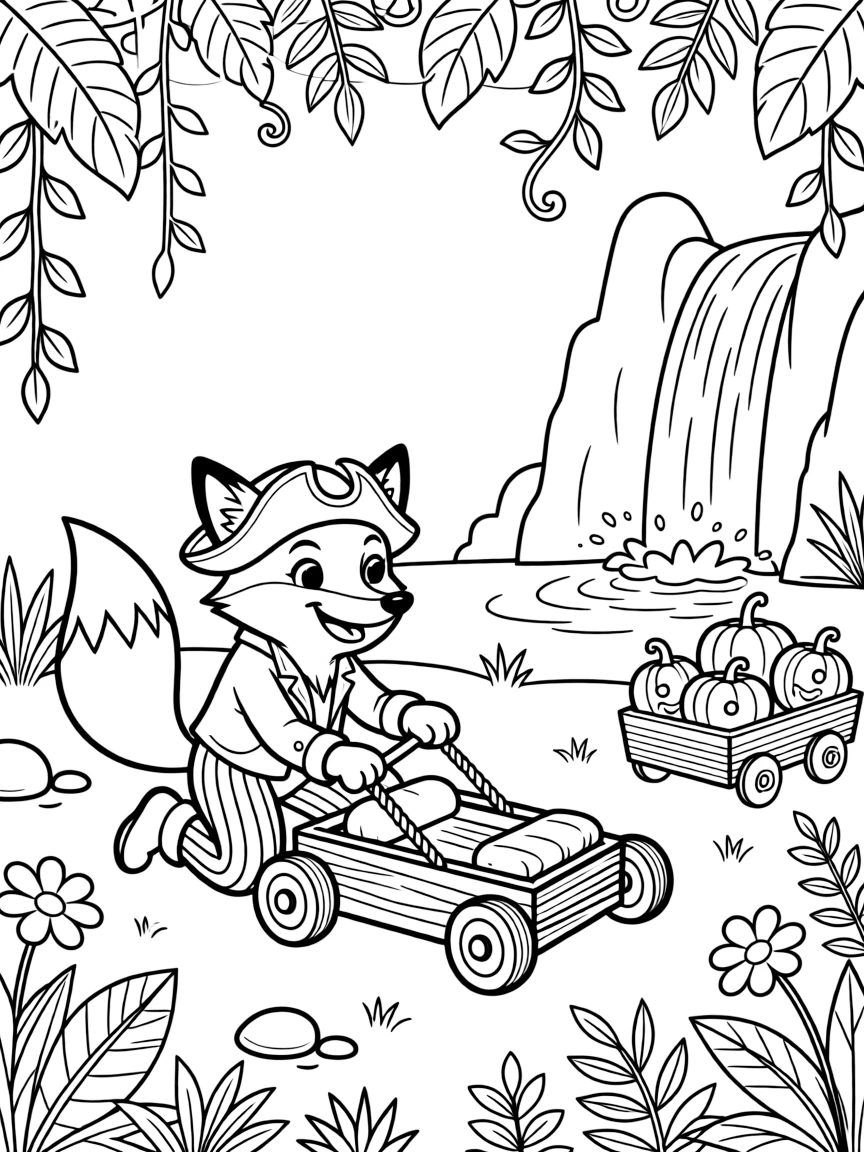 A bouncy fox pirate captain takes a break from adventures to try putting the finishing touches on a homemade go-kart in a jungle clearing with hanging vines and waterfalls, with a wagon overflowing with glowing pumpkins close behind. It's a perfectly wonderful, magical moment.