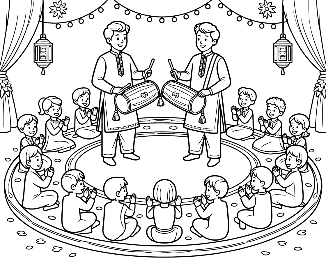 A coloring page bursting with rhythm from Pakistan, showing musicians playing the dhol drum at a lively wedding celebration, with an audience of clapping children gathered around in a circle.