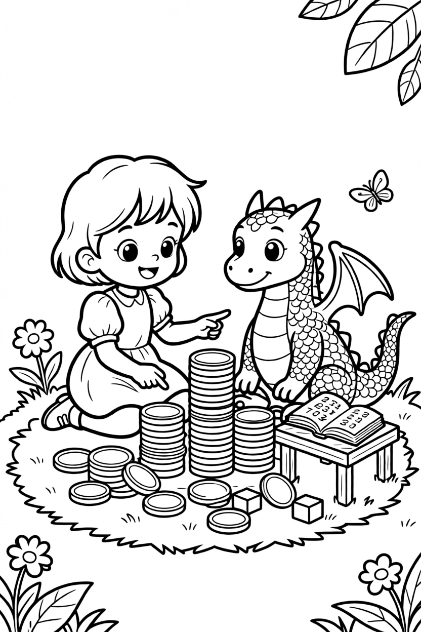 a bright-eyed small child helps a small dragon learn to count using piles of shiny gold coins.