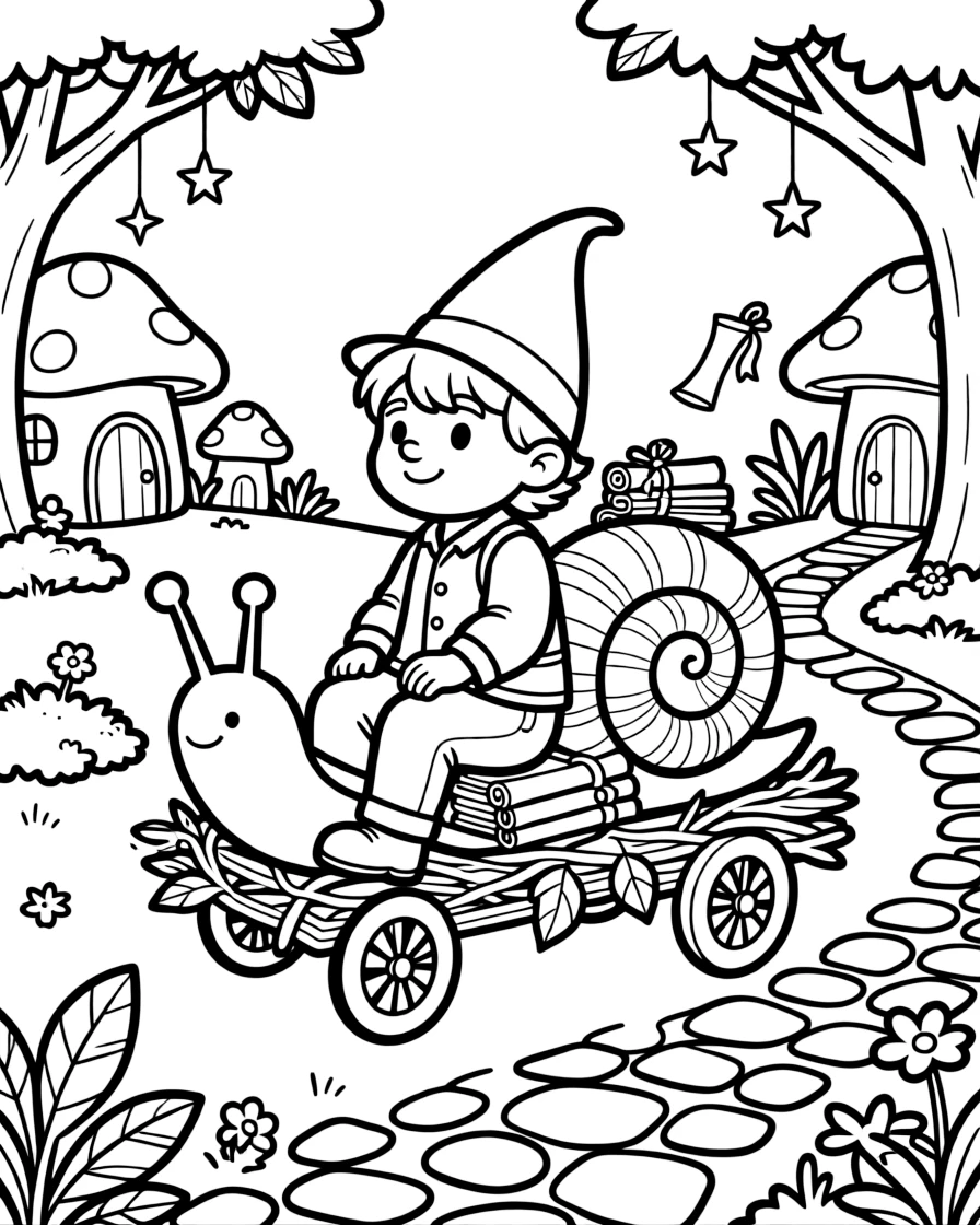 A gnome postman delivers tiny scrolls tied with ribbon, riding a snail-drawn cart through a mossy village.