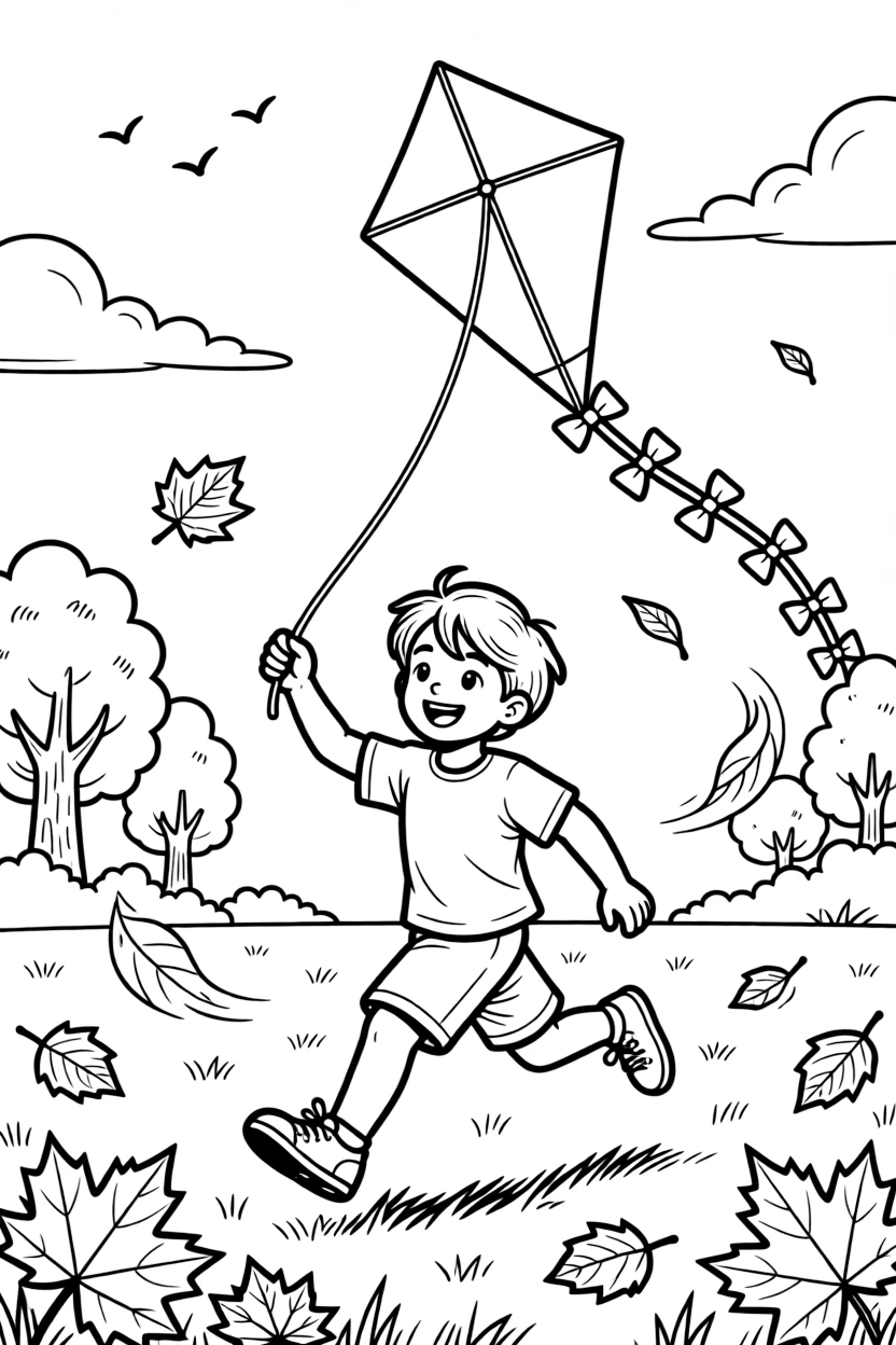 [Hobbies] A dynamic scene shows a kid flying a colorful kite running across a field to launch a kite in an open grassy field, smiling proudly. Close by, the kite dances high against blue sky. Small details invite careful coloring choices. The moment unfolds on a crisp autumn afternoon, with autumn leaves swirling in the wind, filled with energetic detail perfect for a young colorist.