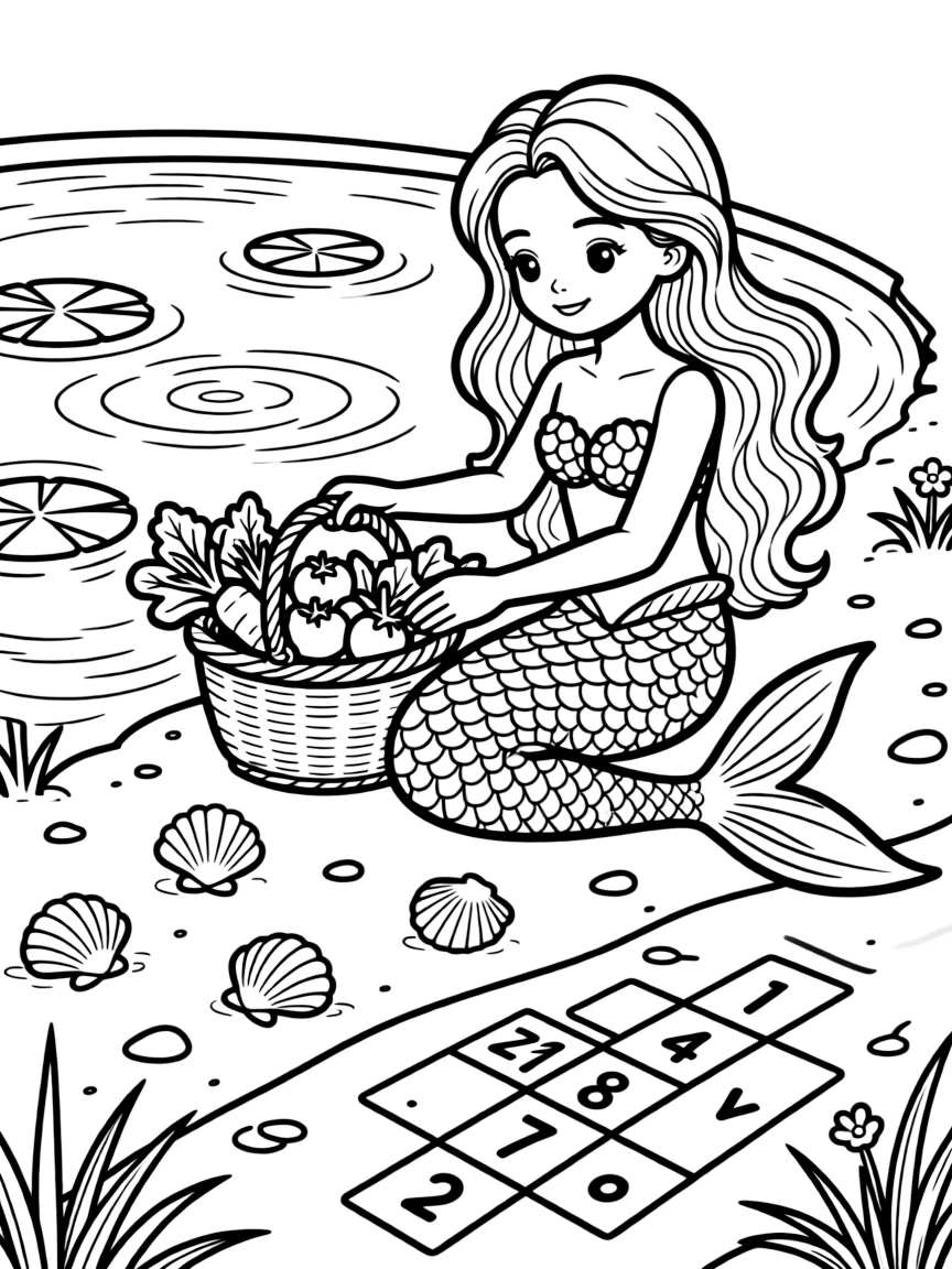 A mermaid girl with a glittering tail is harvesting fresh vegetables into a garden basket beside a sparkling pond dotted with lily pads. Close by, a hopscotch grid chalked onto the pavement and glittering seashells scattered on the sand fill the page with charm.
