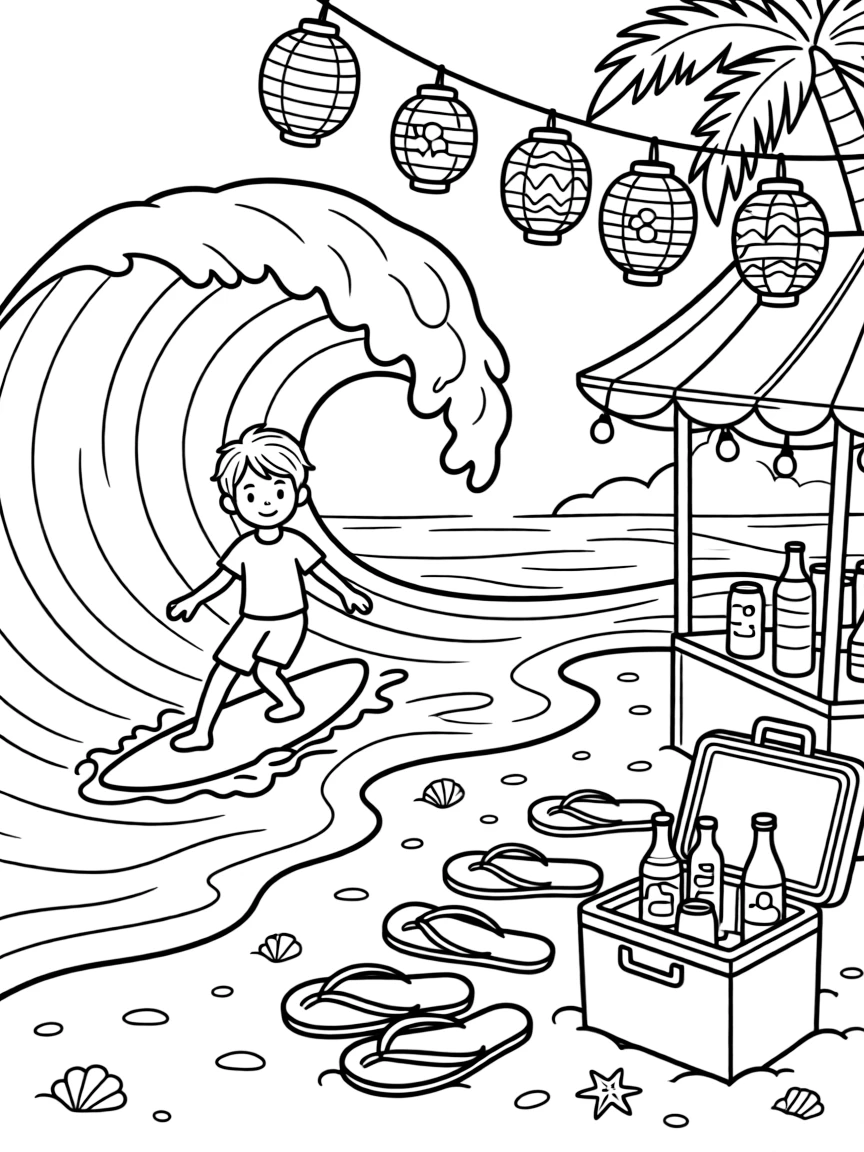 A surfer riding a wave near a sandy shore at an outdoor night market strung with paper lanterns, with a row of colorful flip-flops and a cooler stocked with cold drinks nearby.