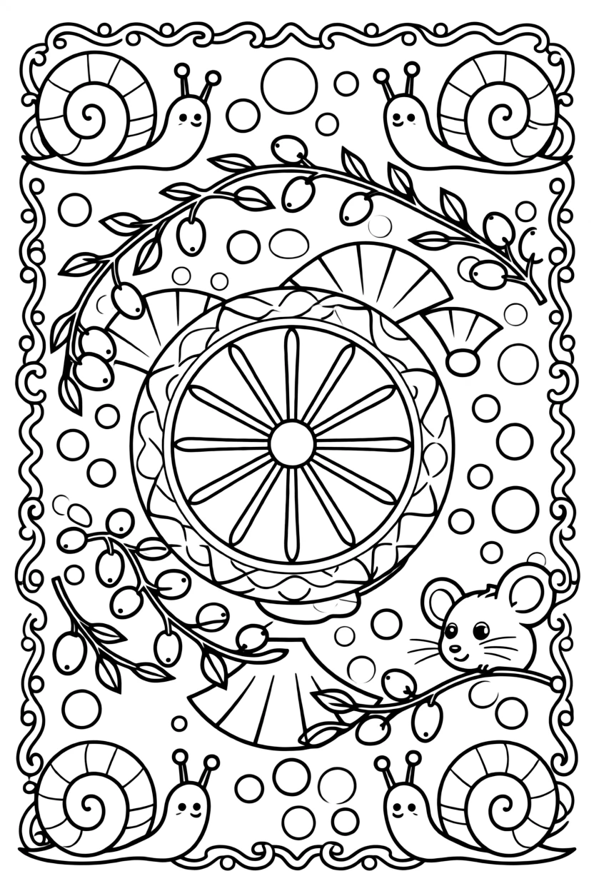 Insects & Bugs: The page centers on a repeating motif of a snail with a tightly spiraled shell, built around a wheel-spoke mandala radiating from a round hub. The motif is placed at each of the four corners in matching pairs, connected by a looping border pattern around the edge. Decorative details fill the surrounding space, including clusters of round bubbles, twisting berry-vine garlands, and overlapping scalloped shells woven throughout the background. A playful extra touch completes the page: a curious little mouse peeking out from behind one of the shapes.