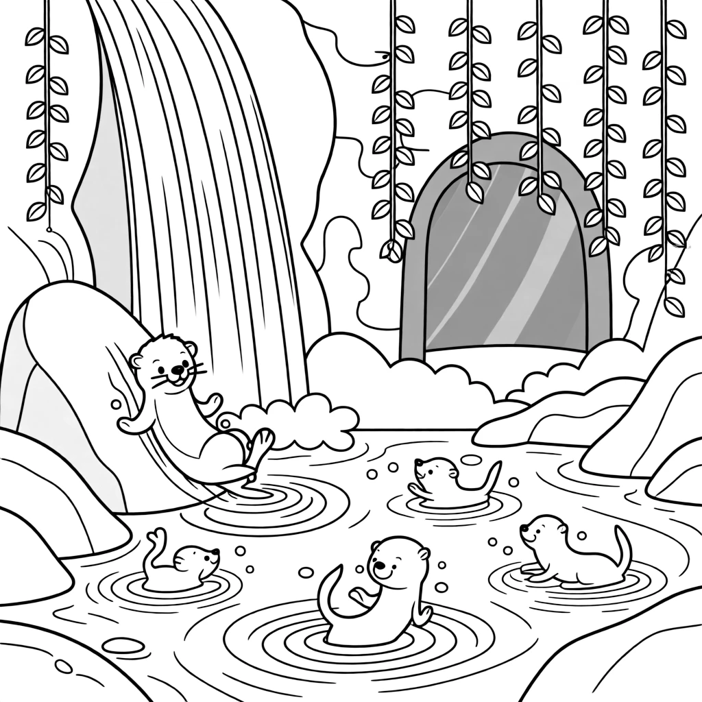 [Waterfalls] A curious otter slides down a smooth rock beside a cascading waterfall into the pool below. A family of otters plays in the swirling water at the base of the falls. A hidden cave sits behind the curtain of falling water, its entrance framed by hanging vines. Soft morning light glows through the mist, casting a gentle rainbow over the pool.