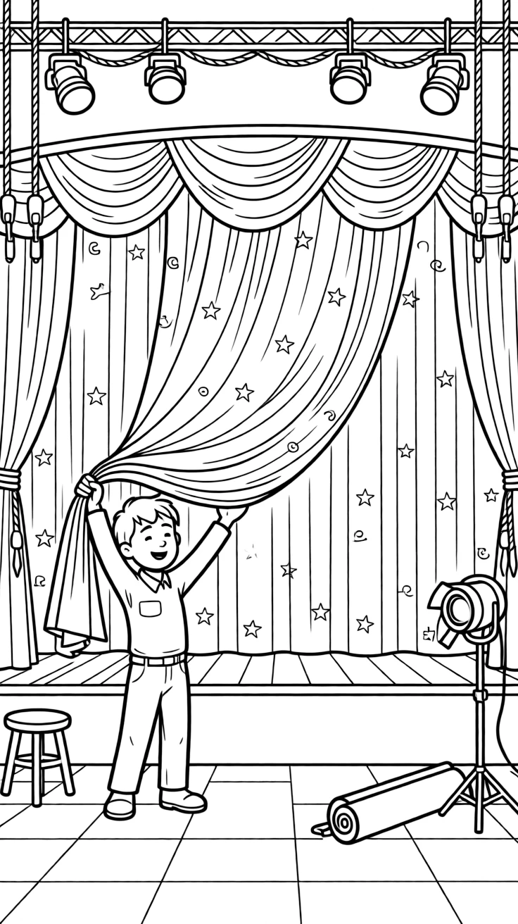 A stage crew member raises a colorful backdrop curtain before a big show.