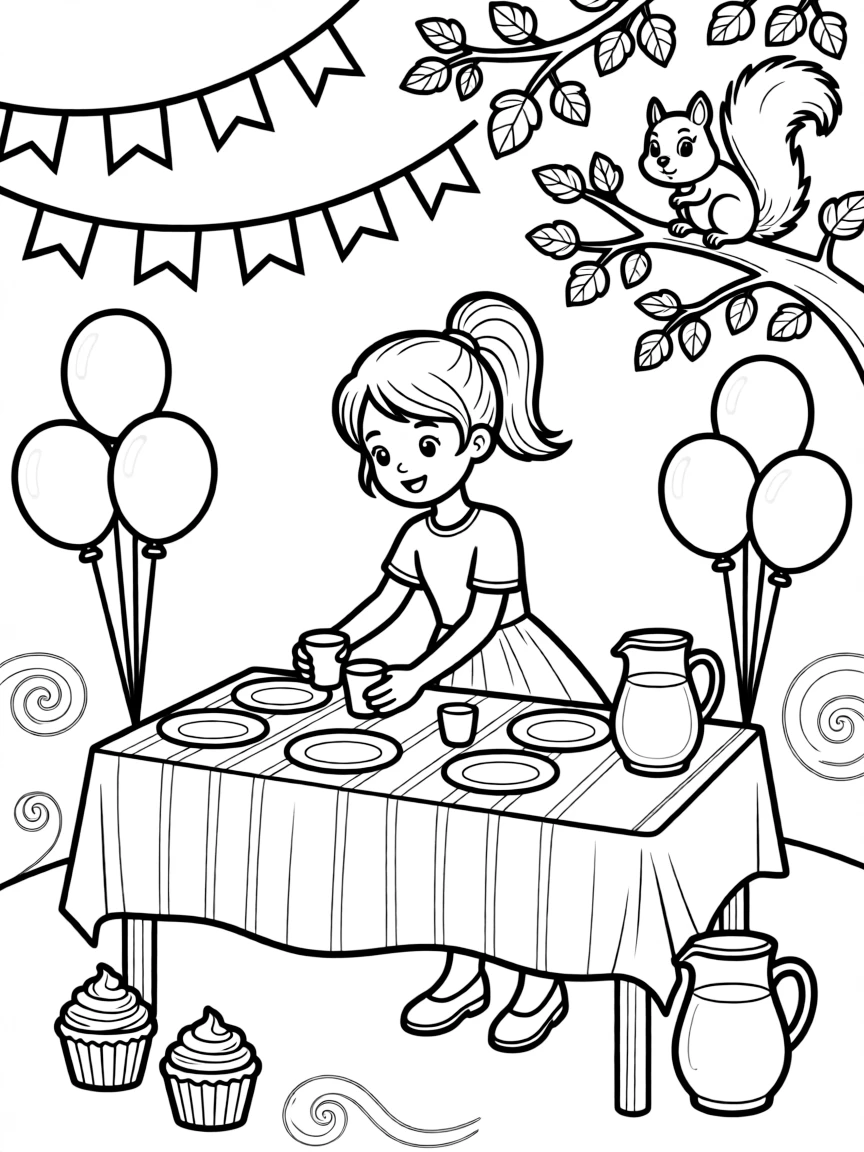A dreamy-eyed girl helping set up a table at a school fundraiser carnival while a squirrel peeks from a branch.