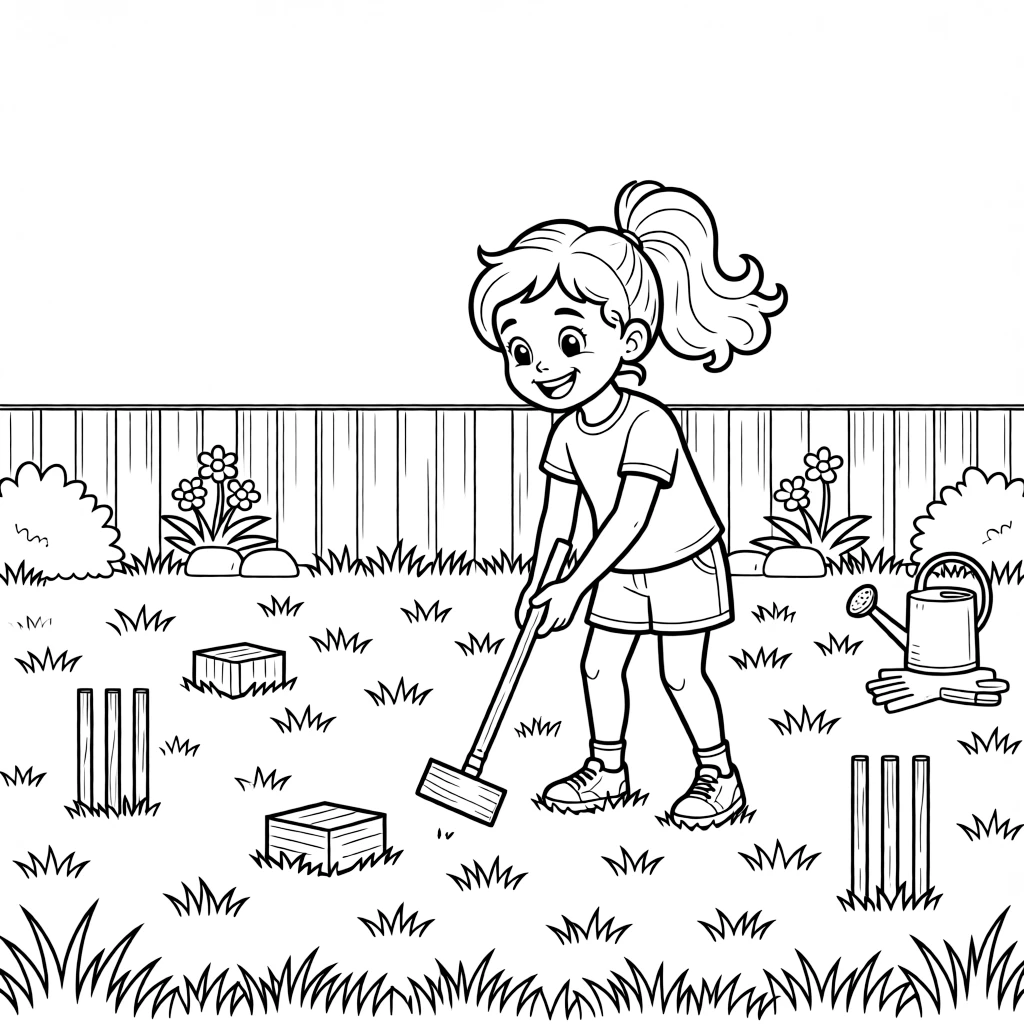 An energetic girl with a big smile, setting up wickets and stakes across a freshly mowed backyard lawn.