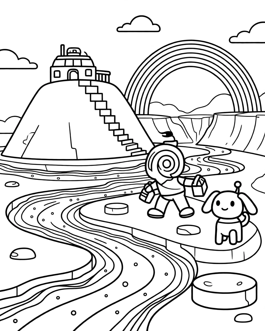 Ziggle, an alien musician with a spiral shell body carrying supplies to a research base at the top of a floating mountain in a lava planet with rivers of glowing orange magma and floating platforms, as a rainbow bridge arching over a canyon and a robot dog wagging its antenna tail fill the scene.
