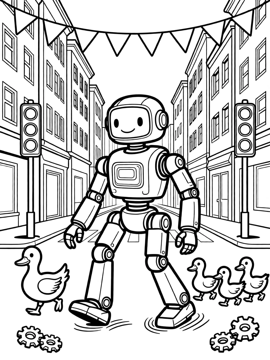 This page centers on a robotic exosuit walker with clanking mechanical legs exploring a bustling city street lined with tall buildings and traffic lights, featuring a family of ducks waddling alongside and little extras like gears and control panels glowing softly and a string of triangle pennant flags overhead.