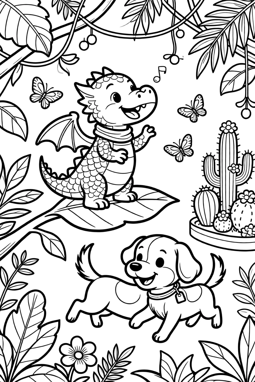A baby dragon singing a cheerful tune with a playful puppy in a bustling jungle canopy, near a cactus garden, surrounded by fluttering butterflies.
