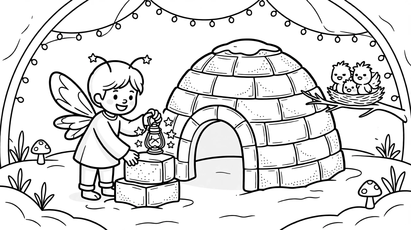 Sparkly and full of excitement, a firefly lamplighter spends the day building an igloo fort with sparkling snow bricks in a cozy burrow decorated with fairy lights. Nearby, a nest of sleepy baby birds adds to the fun. The whole gang can't stop smiling.