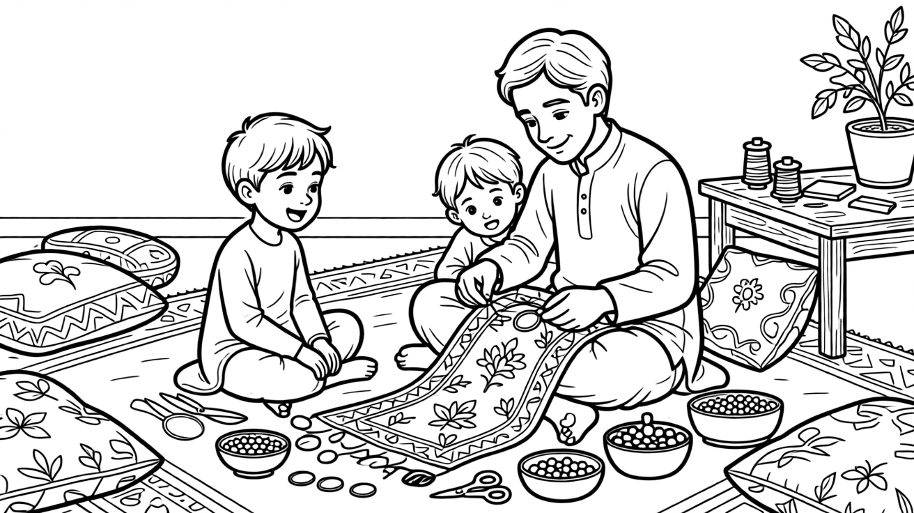 A coloring page of a child in Pakistan enjoying a craftsman stitching tiny mirrors onto colorful embroidered cloth, surrounded by colorful supplies and a curious sibling watching closely.