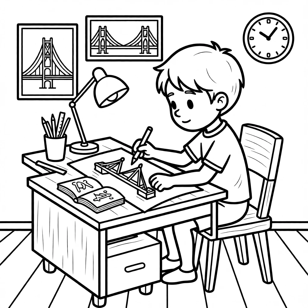 a thoughtful little boy sketches blueprints for a bridge at a small drafting table.