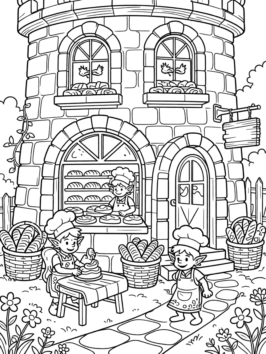 A castle bakery run by friendly goblins fills the air with the smell of pastries, loaves shaped like tiny dragons cooling on the windowsill.