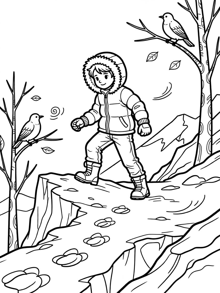 [Explorers] A dynamic scene shows an arctic explorer bundled in warm gear trekking across a frozen glacier high on a mountain ridge, looking determined and brave. Close by, exotic birds call from nearby trees. Footprints trail across the rugged terrain. The moment unfolds on a crisp autumn afternoon, with a light breeze blowing, filled with energetic detail perfect for a young colorist.