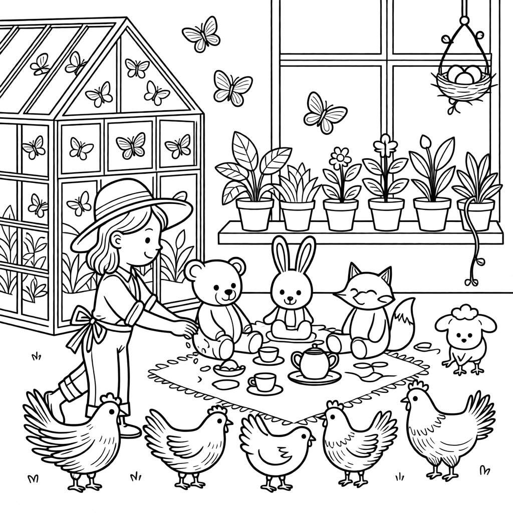 A girl farmer scattering seed for the chickens is having a tea party with a circle of stuffed animal friends in a butterfly conservatory full of fluttering wings. a row of potted plants along a windowsill and a tiny bird's nest tucked in a nearby branch make the scene feel magical.