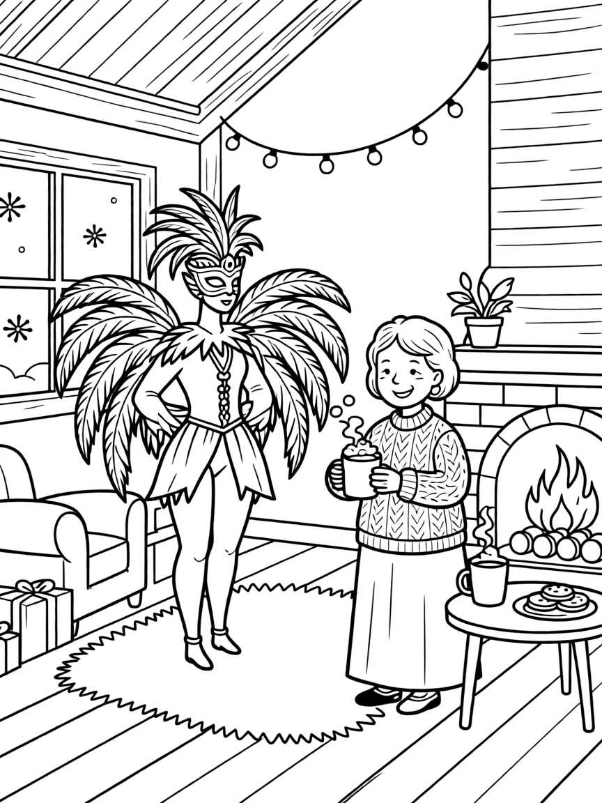 An elegant masked reveler in a feathered costume in a cozy cabin with a crackling fireplace, alongside a cheerful grandmother and a steaming mug of cocoa with marshmallows, with a string of twinkling lights close by.