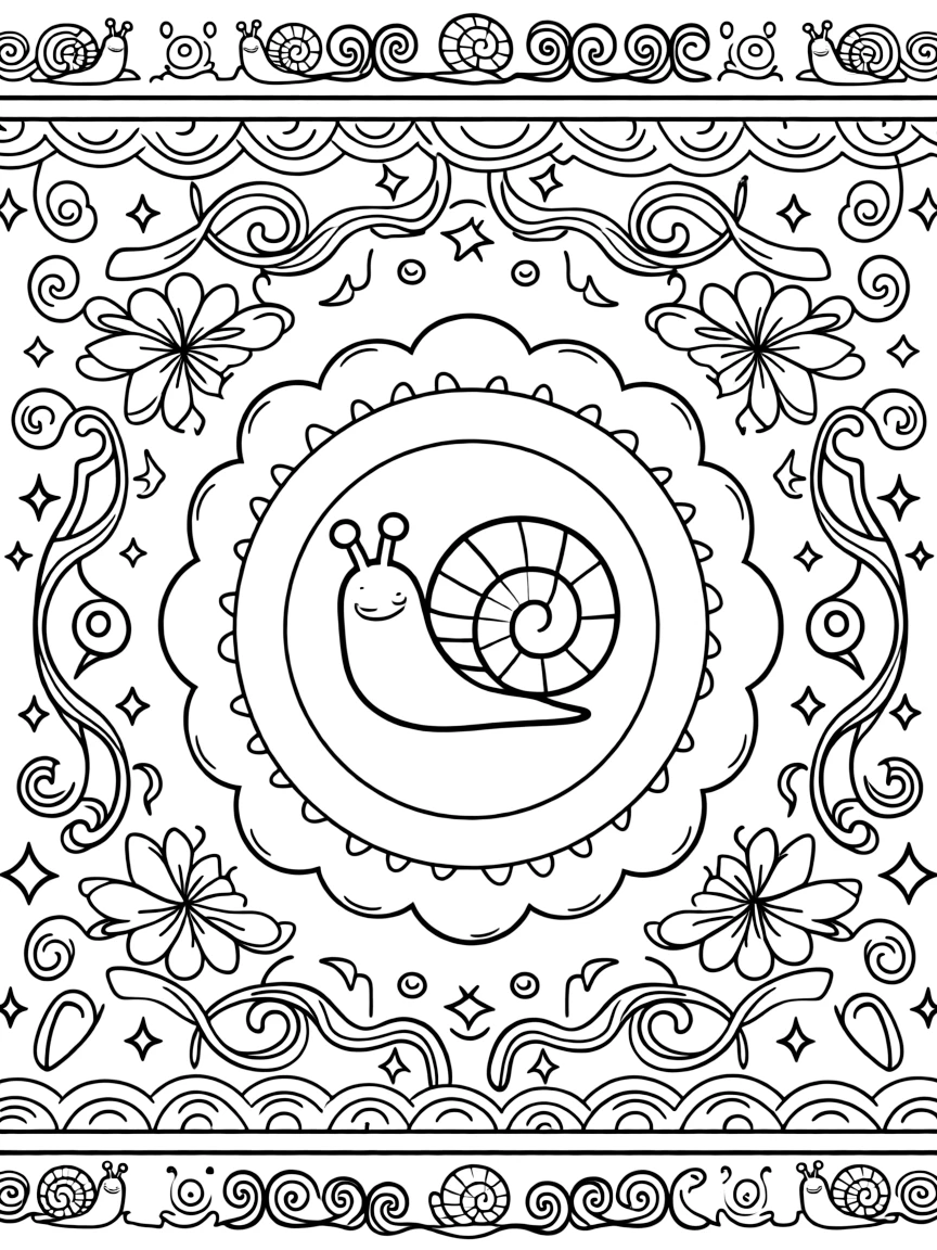 Insects & Bugs: The page presents a small themed scene built around a snail with a tightly spiraled shell, tied together by a cloud-ring mandala made of puffy overlapping curves. The scene is placed centrally within a scene bordered top and bottom by mirrored rows of smaller matching details. Decorative details fill the surrounding space, including layered flower rosettes, swirling vine tendrils, and rows of curling wave shapes woven throughout the background. A playful extra touch completes the page: a few sparkling gem shapes dotted along the outer border.