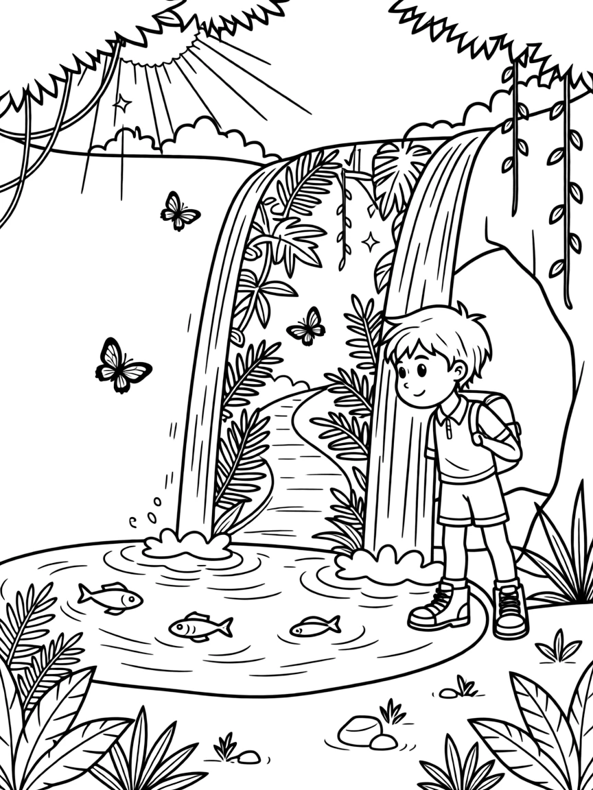 [Waterfalls] A brave young explorer stands behind a curtain of falling water, peeking out at a hidden jungle path. Butterflies drift through the mist while fish dart through the clear pool below the falls. A hidden cave sits behind the curtain of falling water, its entrance framed by hanging vines. Sunlight breaks through the canopy, sparkling on the mist rising from the crashing water.