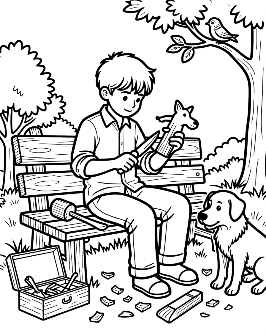 A wood carver whittles a small animal figure with a sharp knife and mallet.