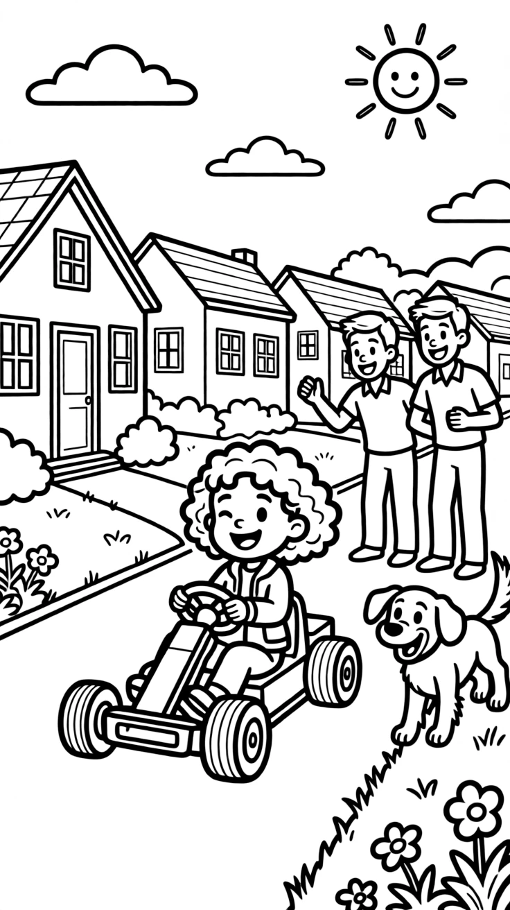 A curly-haired girl racing a go-kart with two dads on a quiet cul-de-sac while a friendly dog wags its tail.