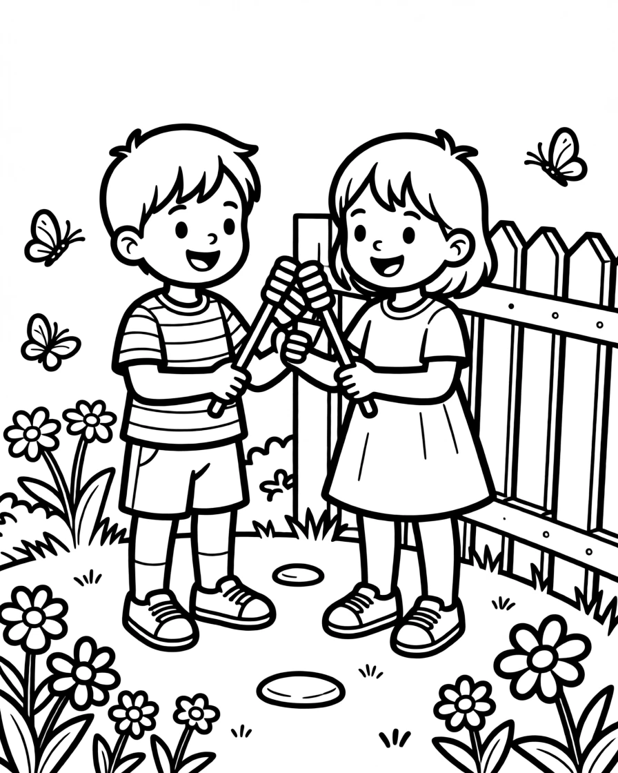 A pair of twin siblings, taking turns with siblings, colorful mallets leaning against a garden fence.