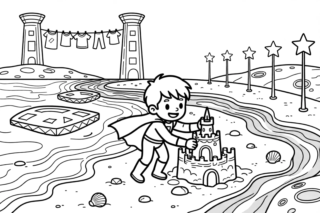 Doctor Miko, a bold spring-legged superhero kid building a sandcastle shaped like a spaceship on a red planet beach, in a lava planet with rivers of glowing orange magma and floating platforms, with a line of laundry fluttering between two towers and a row of streetlights shaped like glowing stars nearby.