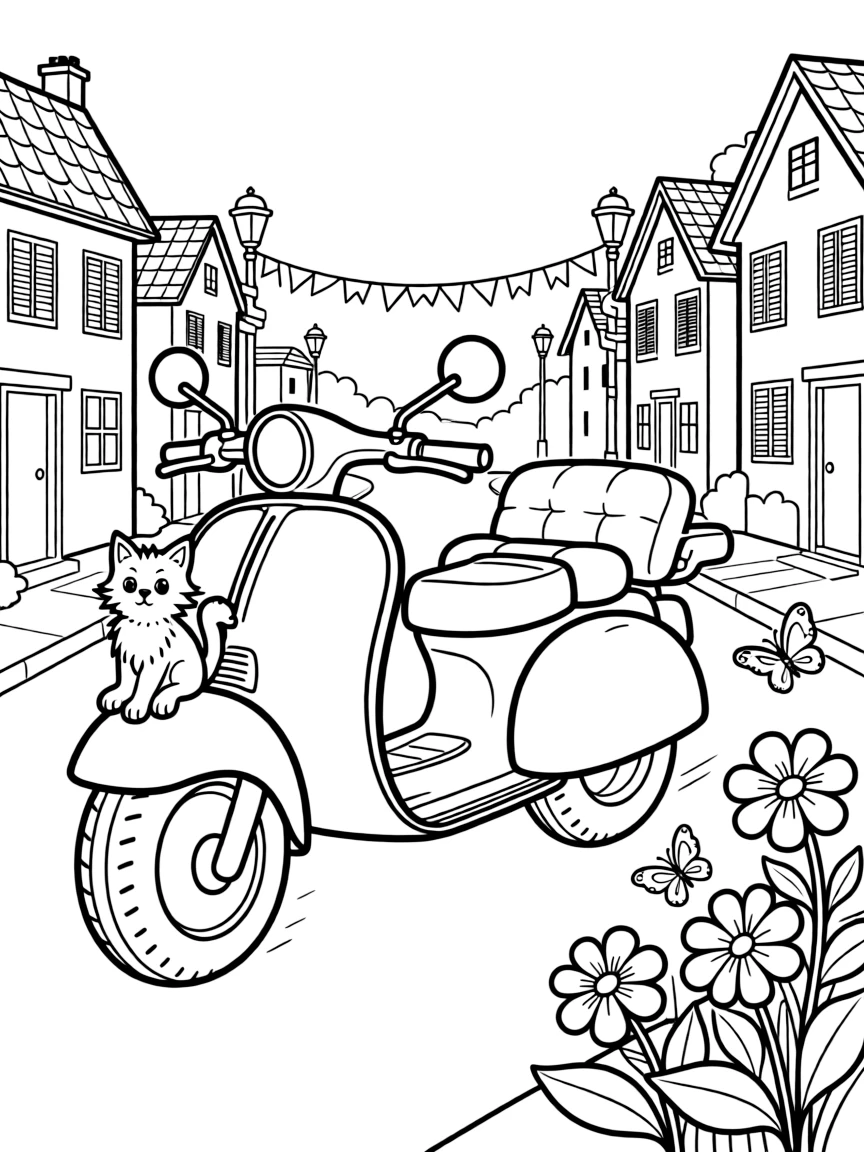 A big, friendly a motorcycle with a cozy sidecar for a passenger rolls through a neighborhood street decorated for a holiday parade, with a curious cat perched on the hood enjoying the ride and butterflies fluttering near a patch of wildflowers adding a playful touch.