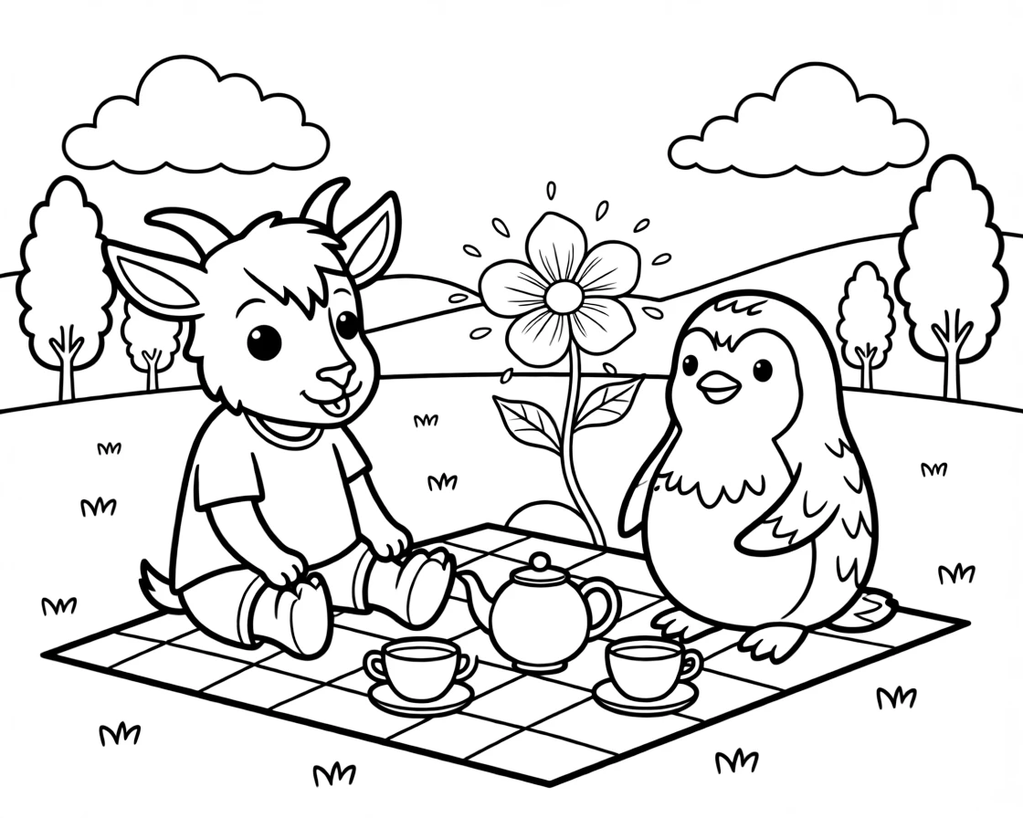 A goat kid at a picnic in the park, having a tea party with a chubby penguin, next to a magical glowing flower, as the sun sets in soft colors.