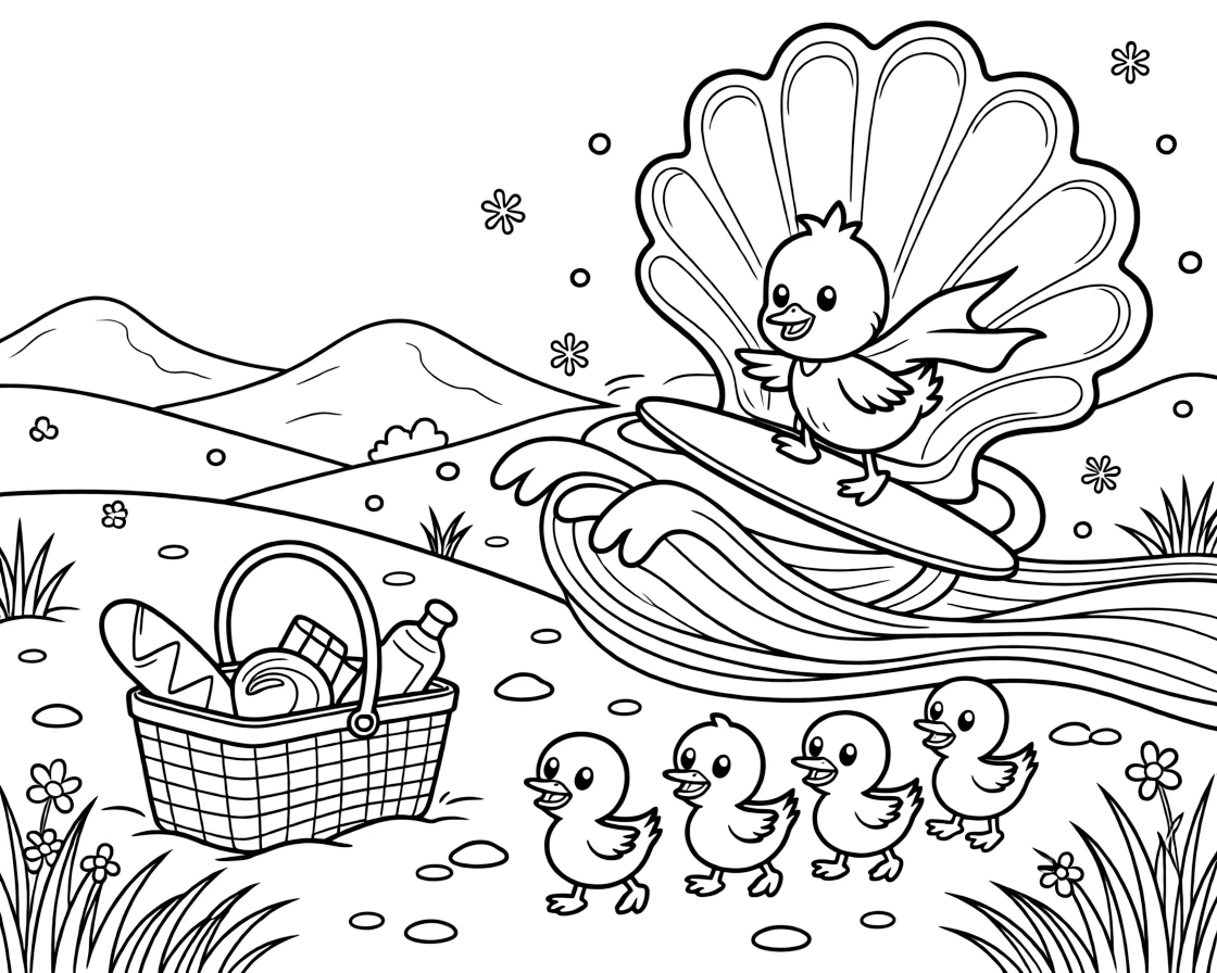 A twinkly chick in a tiny superhero cape is riding a wave on a surfboard shaped like a shell in a meadow during the first snowfall of winter, joined by a picnic basket overflowing with treats and a family of ducklings waddling in a neat line. The whole crew is grinning from ear to ear.