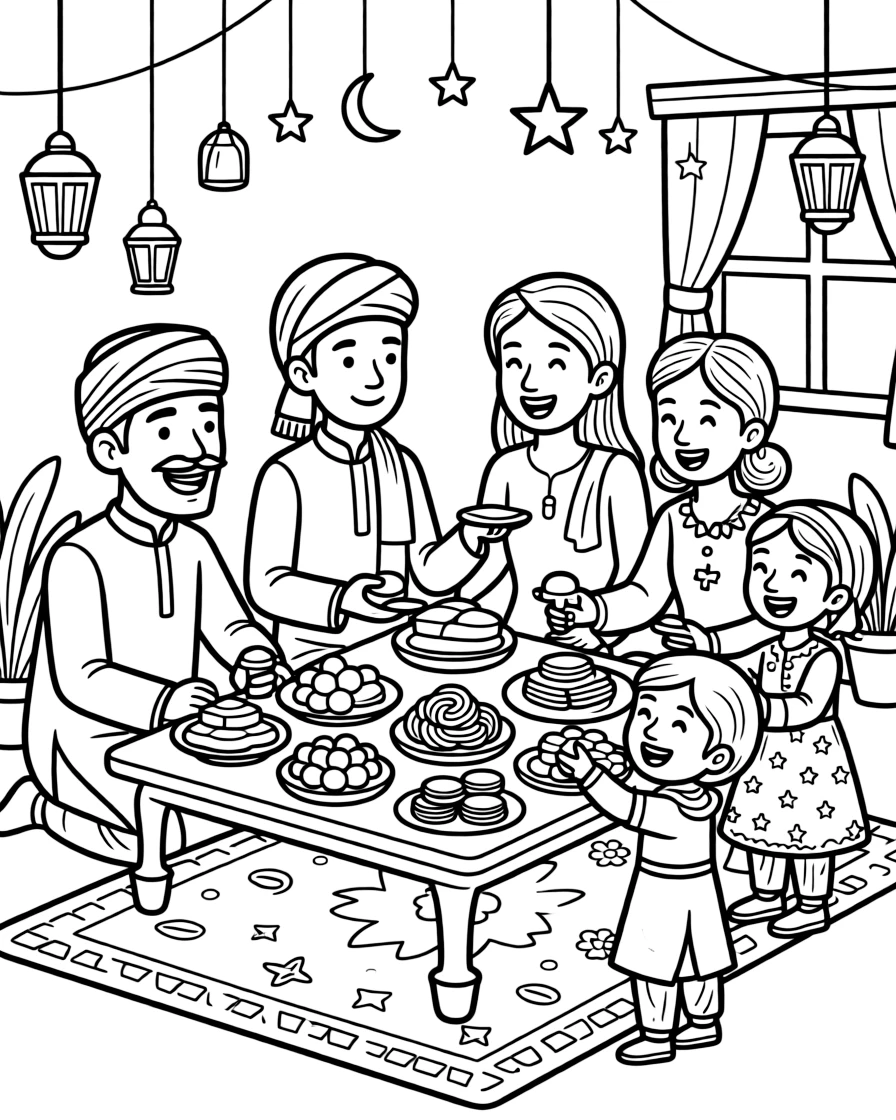 A coloring page of a family sharing sweets during the Eid celebration in Pakistan, showing grandparents, parents, and children all taking part together in the fun.