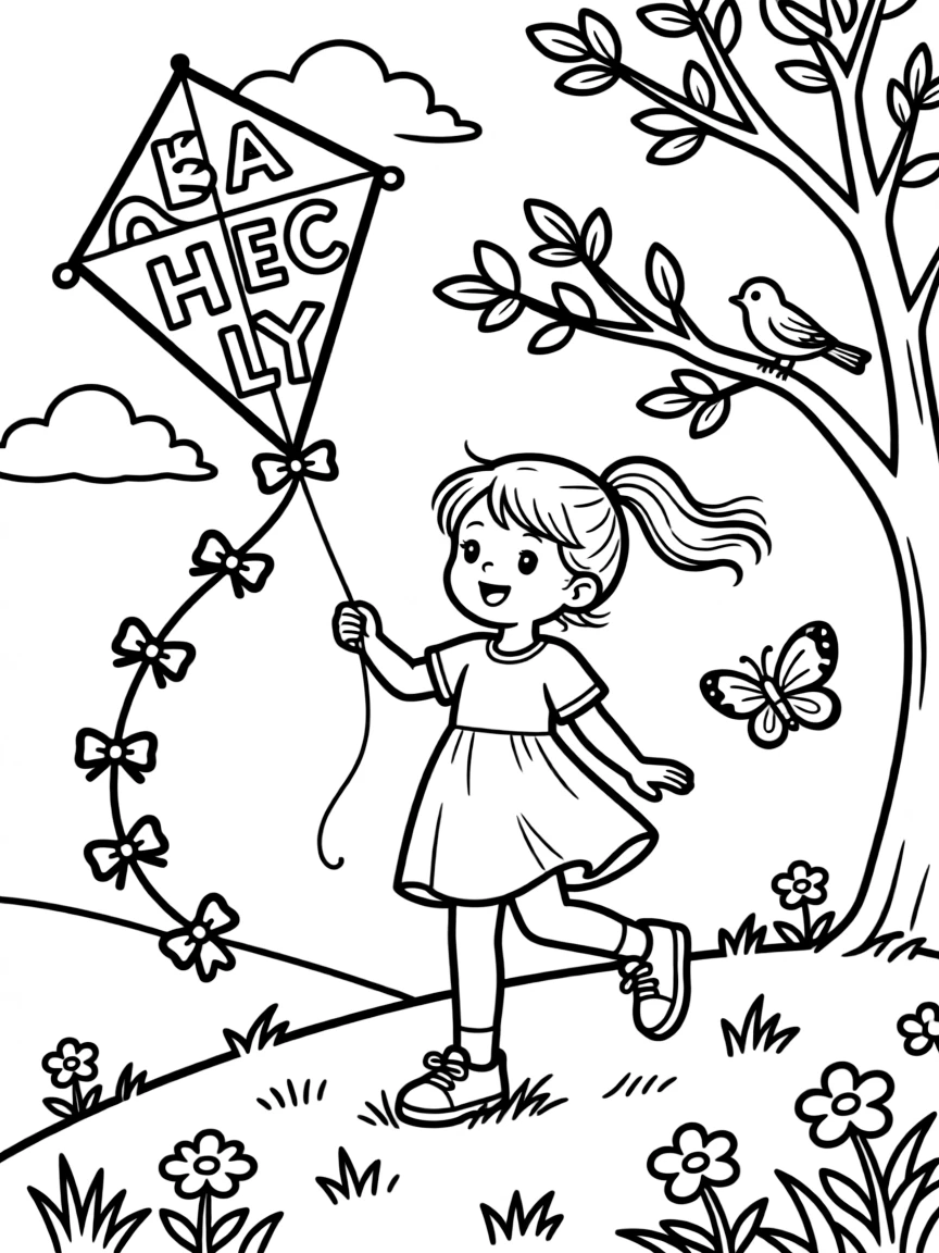 a bright-eyed little girl flies a colorful kite shaped like letters of the alphabet in a spring breeze.