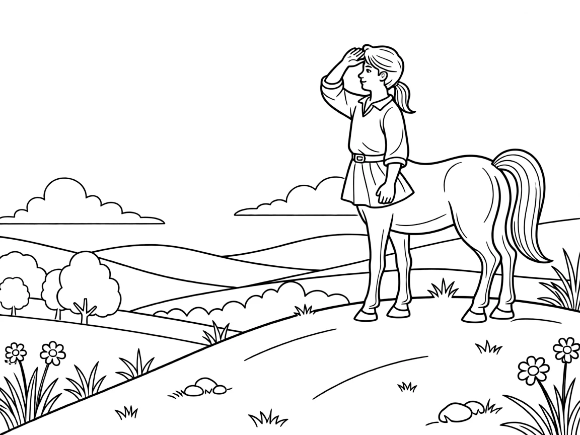 A centaur scout stands atop a hill at dawn, surveying a misty valley with a hand shading his eyes from the rising sun.