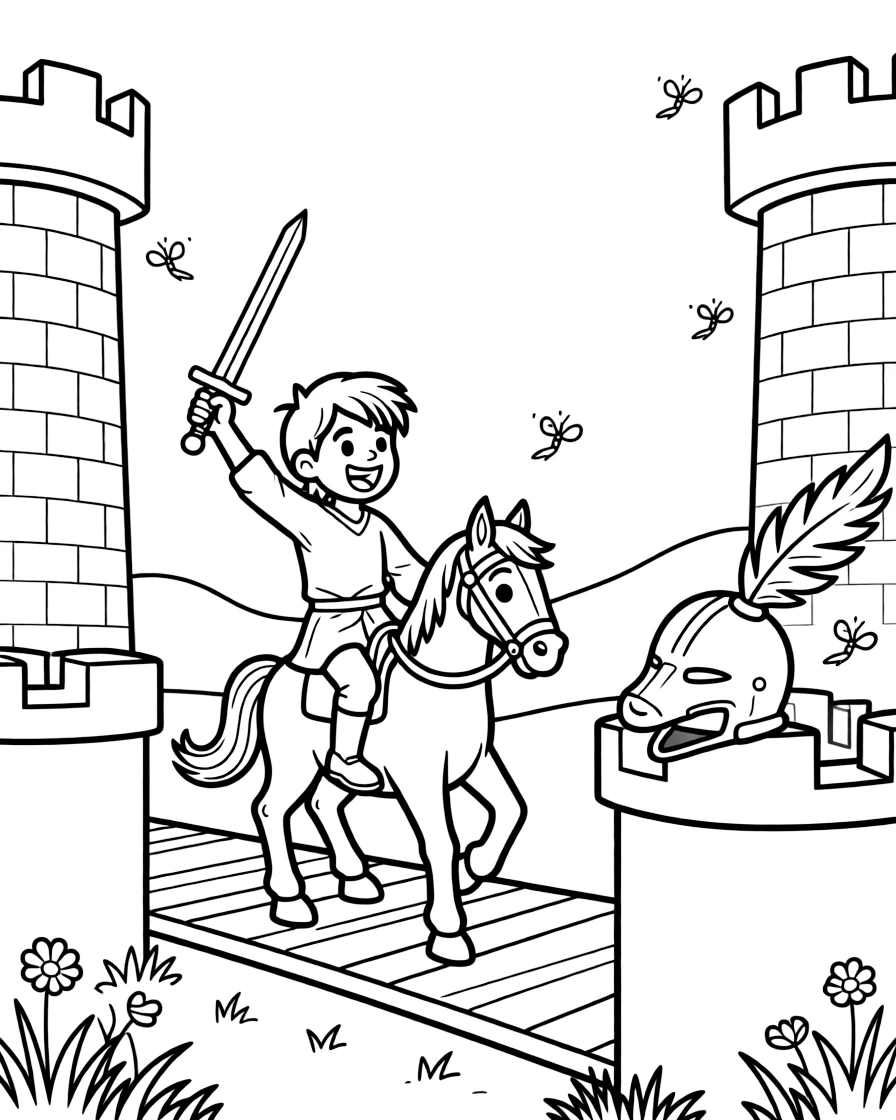 [Knights] a young squire training with a wooden sword riding across a drawbridge in a medieval jousting arena, letting out a triumphant roar. Nearby, stone turrets rise against the sky. A plumed helmet gleams in the sunlight. The scene is captured at sunset, with fireflies beginning to glow, giving the page a lively and adventurous feel that invites plenty of colorful detail.