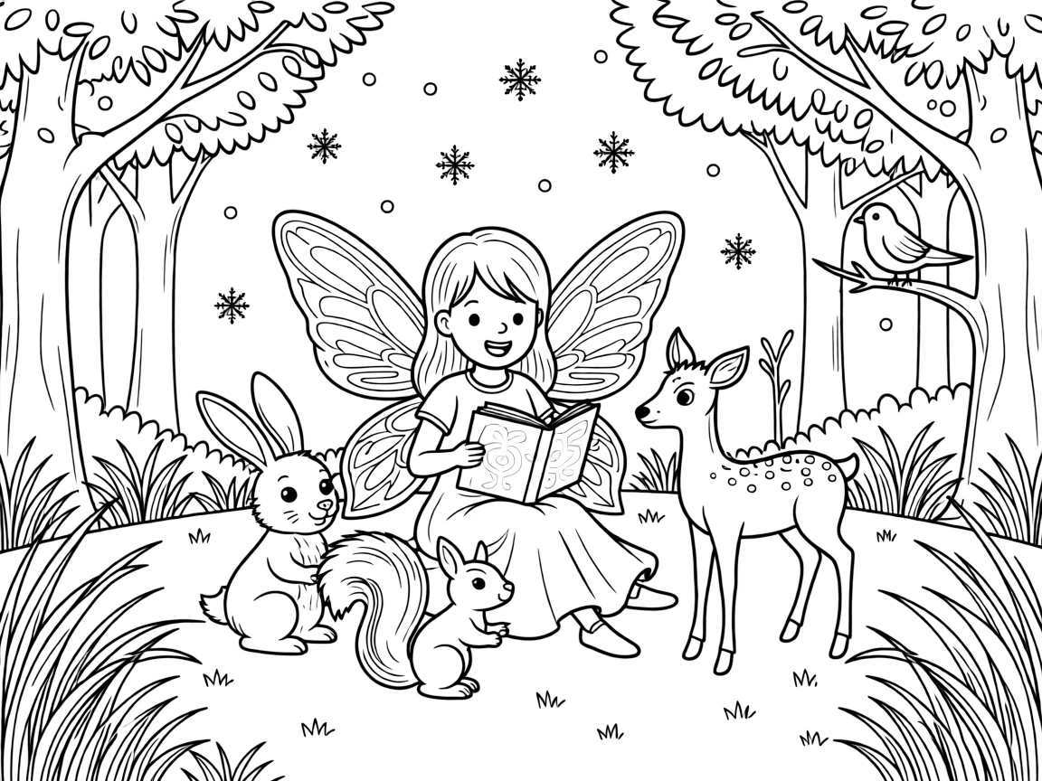 A girl wearing shimmering fairy wings is reading a storybook aloud to a circle of animal friends in a quiet clearing of an enchanted forest. Close by, gently falling snowflakes and a gentle breeze rippling through tall grass round out the happy picture.