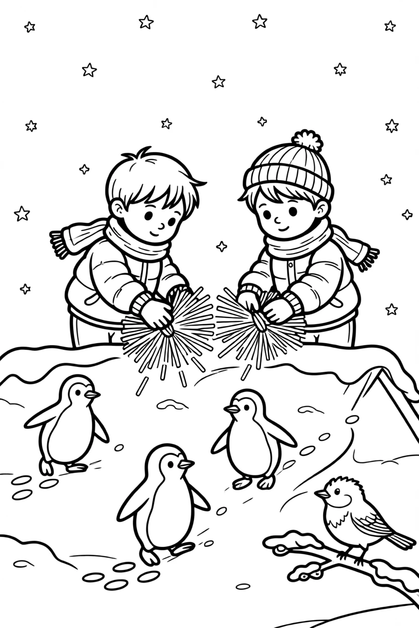 A close-up of children leaving hay for the visitors' camels on a snowy rooftop under a starry night sky, surrounded by a trio of playful penguins and a robin perched on a snowy branch.